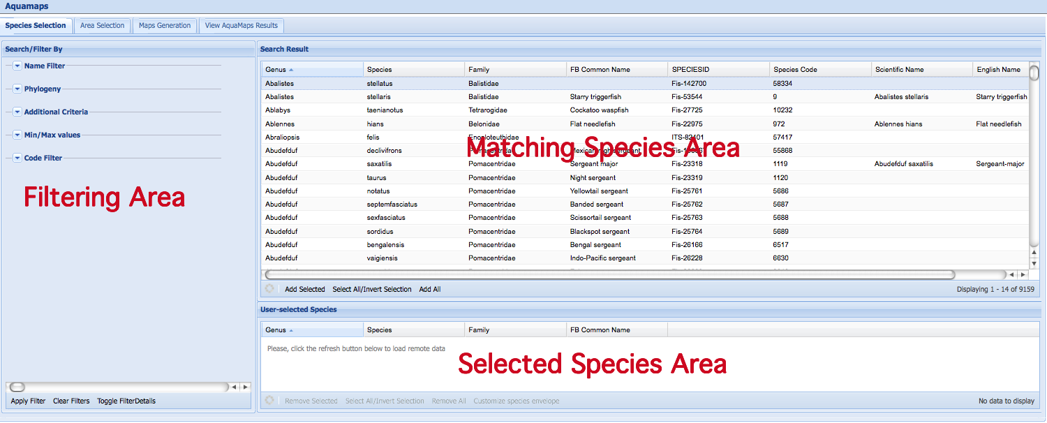 AquaMaps Species Selection Interface